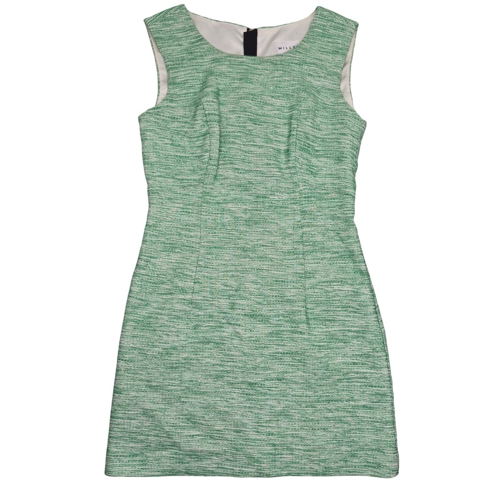 Milly‎ Green White Tweed Sleeveless Shift Dress Size 2 Exposed Back Zipper Linen